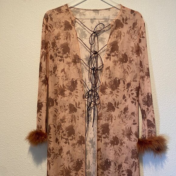 Y2K Sheer‎ Floral Boho Duster Robe Cardigan Pink Brown Mesh Lace-Up S - Picture 3 of 5